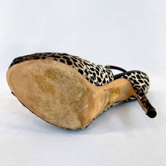GUCCI Sofia Platform Calf Hair Leopard Print Open Toe Slingback Pumps $850 - Picture 7 of 13
